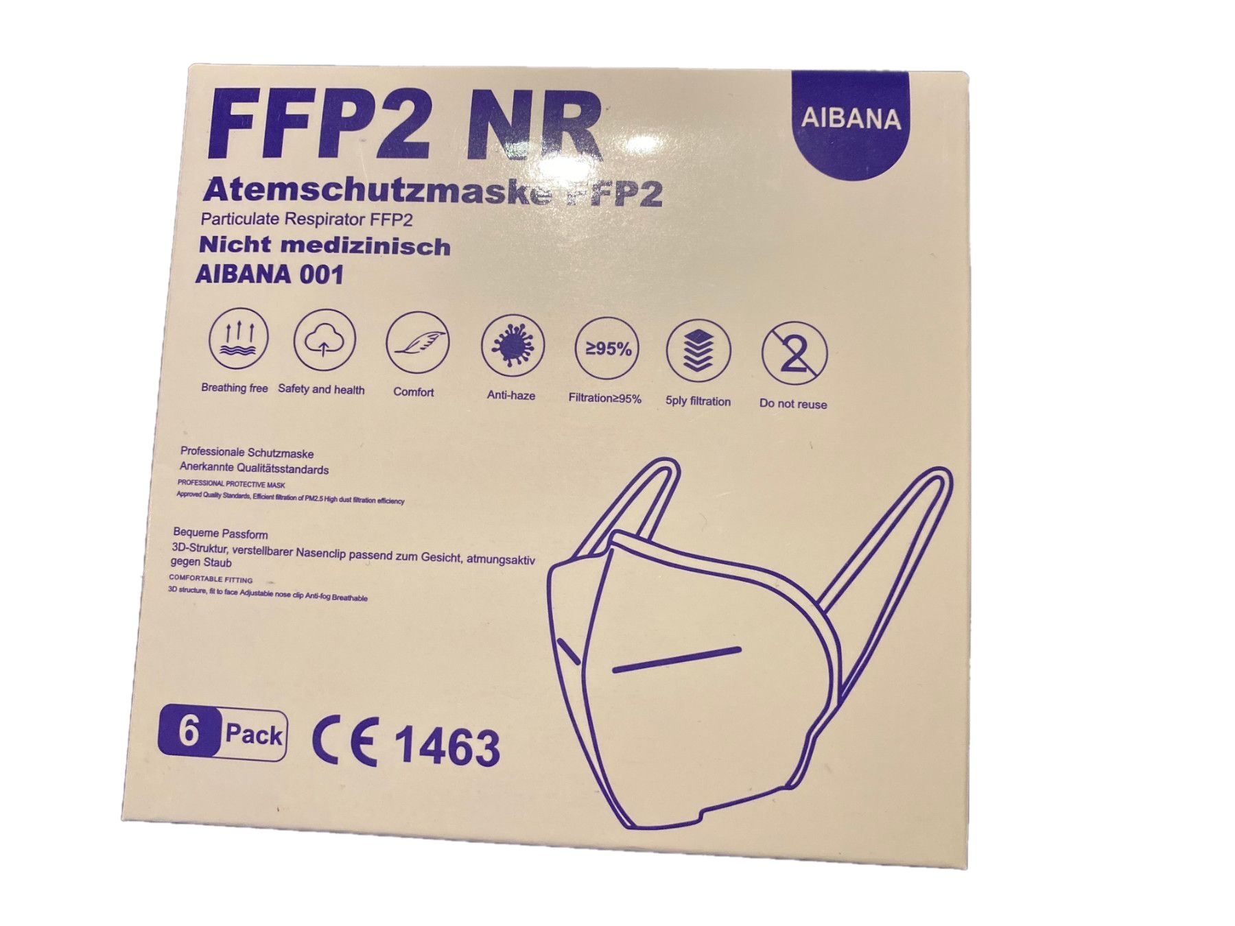 FFP2 NR Masken Aibana Modell 001 - 6 Stück einzeln verpackt