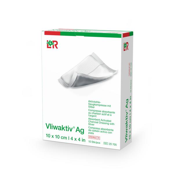 Vliwaktiv Ag Aktivkohle-Saugkpr. Silber steril, 10x10cm, 10 Stück (REF 20705) / PZN: 04862833