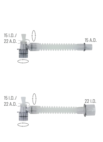 Gänsegurgel /  Rechtwinkliger Drehkonnektor /doppelt drehbar /mit Bronchoskop-/Absaugkappe /Wiederverwendbar / 10 St. p.P. /  22mm A.D. – 22mm I.D. / 13cm / REF: 65-88-130